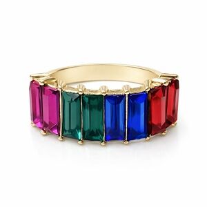 5/$25 🩷 Gold Band Ring with Pink, Green, Blue and Red Baguette Stones